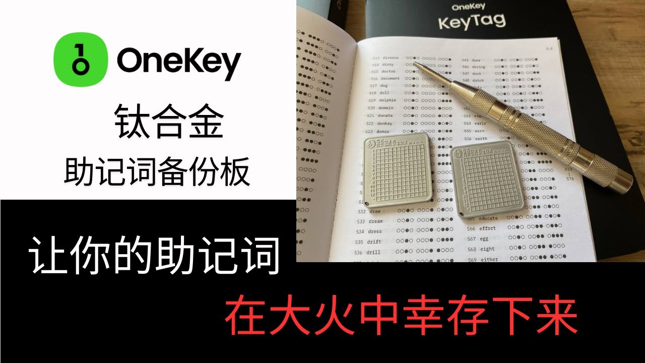 Onekey KeyTag钛合金助记词备份板拆箱及使用视频，一种能让你的助记词在大火中幸存下来的记录方法，TC4钛合金制成，熔点高达1668摄氏度，防水耐腐蚀，加密记录，冲孔笔打点，操作简单易上手