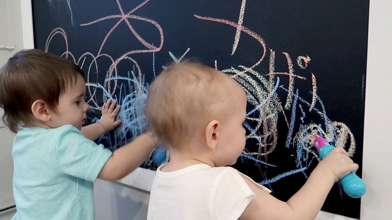 Twins First Time Playing With Chalk | New Chalkboard