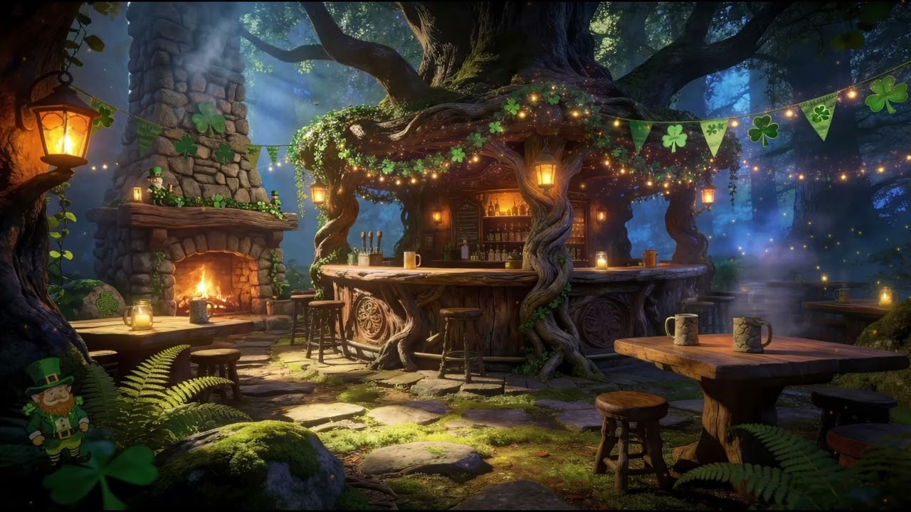 Calming Fairy Forest Pub Ambience 🍀 Celtic Music, Fireplace and Distant Crickets 