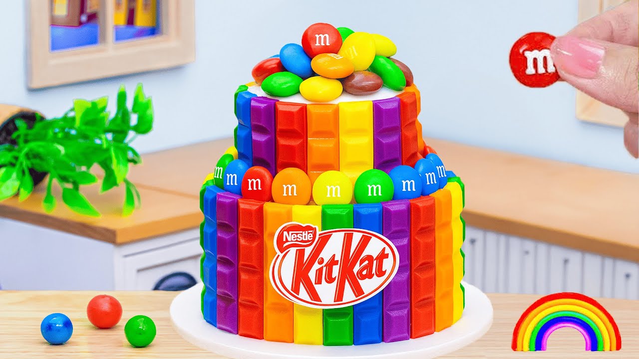 Mini Rainbow Cake Recipe With Chocolate💕 Rainbow kitkat 2   tier cake💕Sweet Cakes
