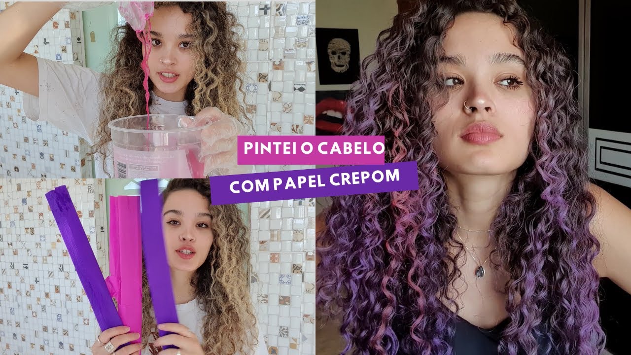 PINTEI MEU CABELO COM PAPEL CREPOM ROSA E ROXO