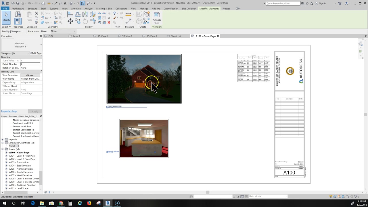 Revit 2019 Cover page with rederings and sheet list