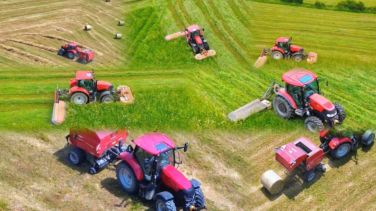 Kosenie tráv a lisovanie sena s traktormi Case IH Maxxum 115 a Farmall 85