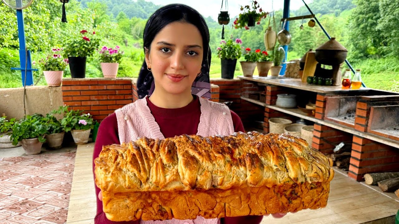 Baking large garlic bread, a delicious evening meal on a rainy day