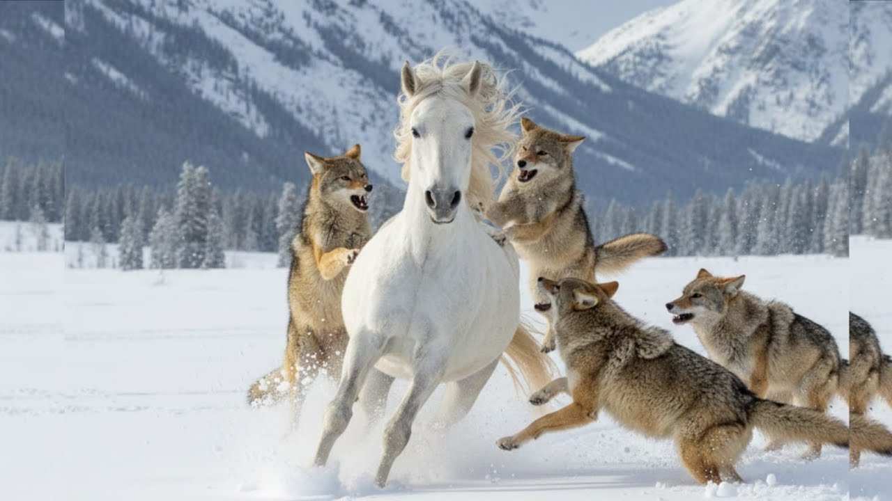 White Arabian Horse Chased by Valley Coyote in the Snowy Grasslands – Intense Wild Chase