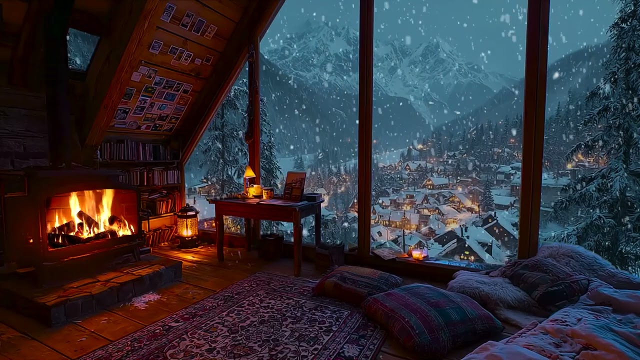 Tranquil Forest Cabin in Heavy Snow with Gentle Fireplace Ambience for Deep Rest & Stress Relief