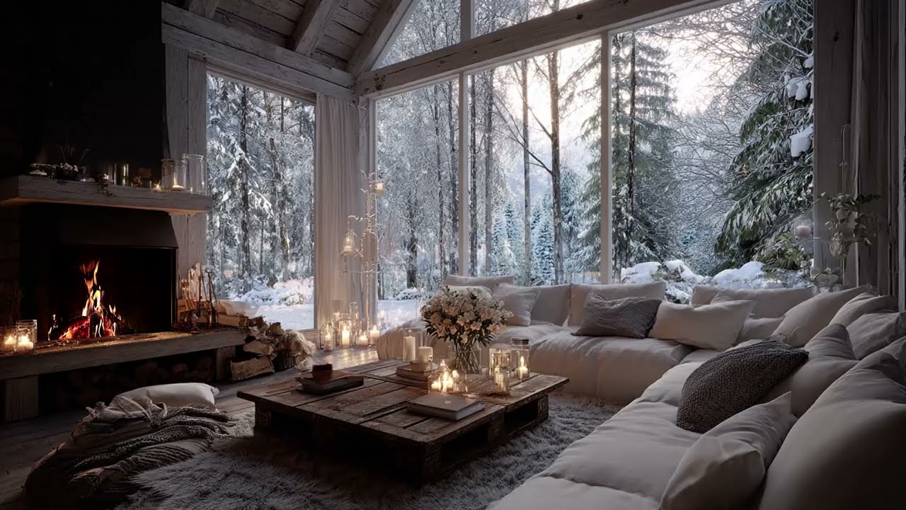Cozy Winter Afternoon: Peaceful Piano Music and Warm Cabin Fireplace for Stress Control