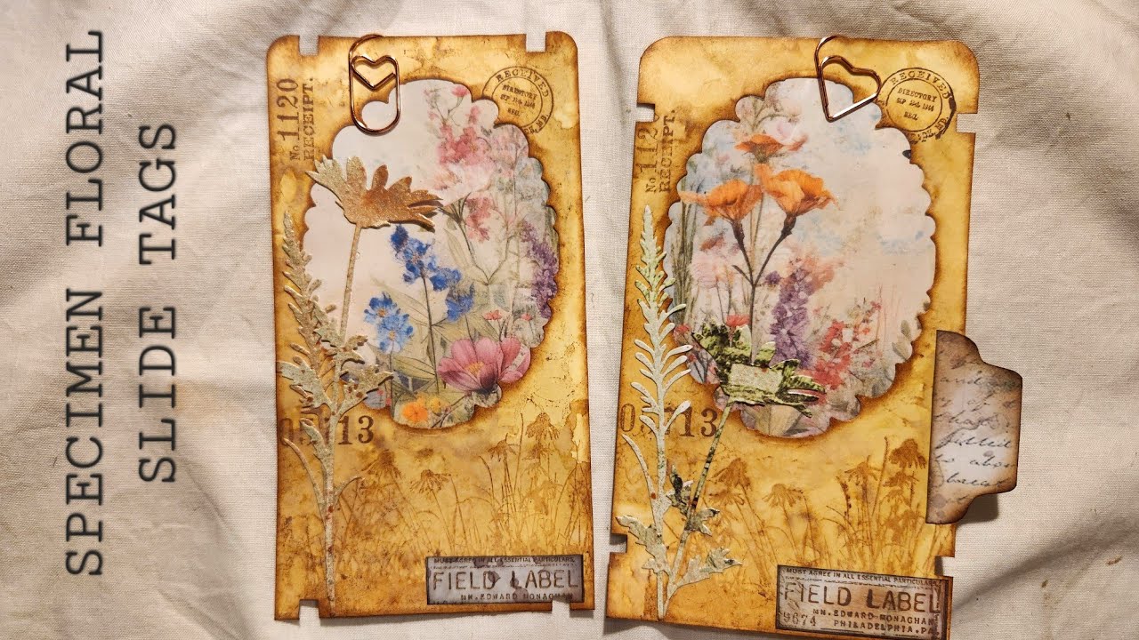 #cccjlc Creative Collage Challenge-Titanium buff/spring /wire; SPECIMEN FLORAL SLIDE TAGS