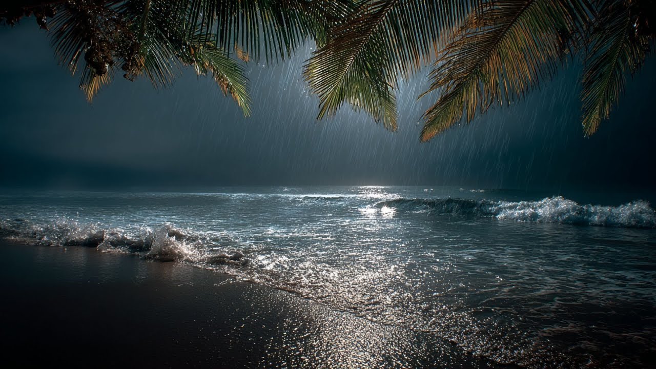 Dark Beach at Night — Heavy Rain & Gentle Ocean Waves for Deep Sleep (No Music • 8 Hours)