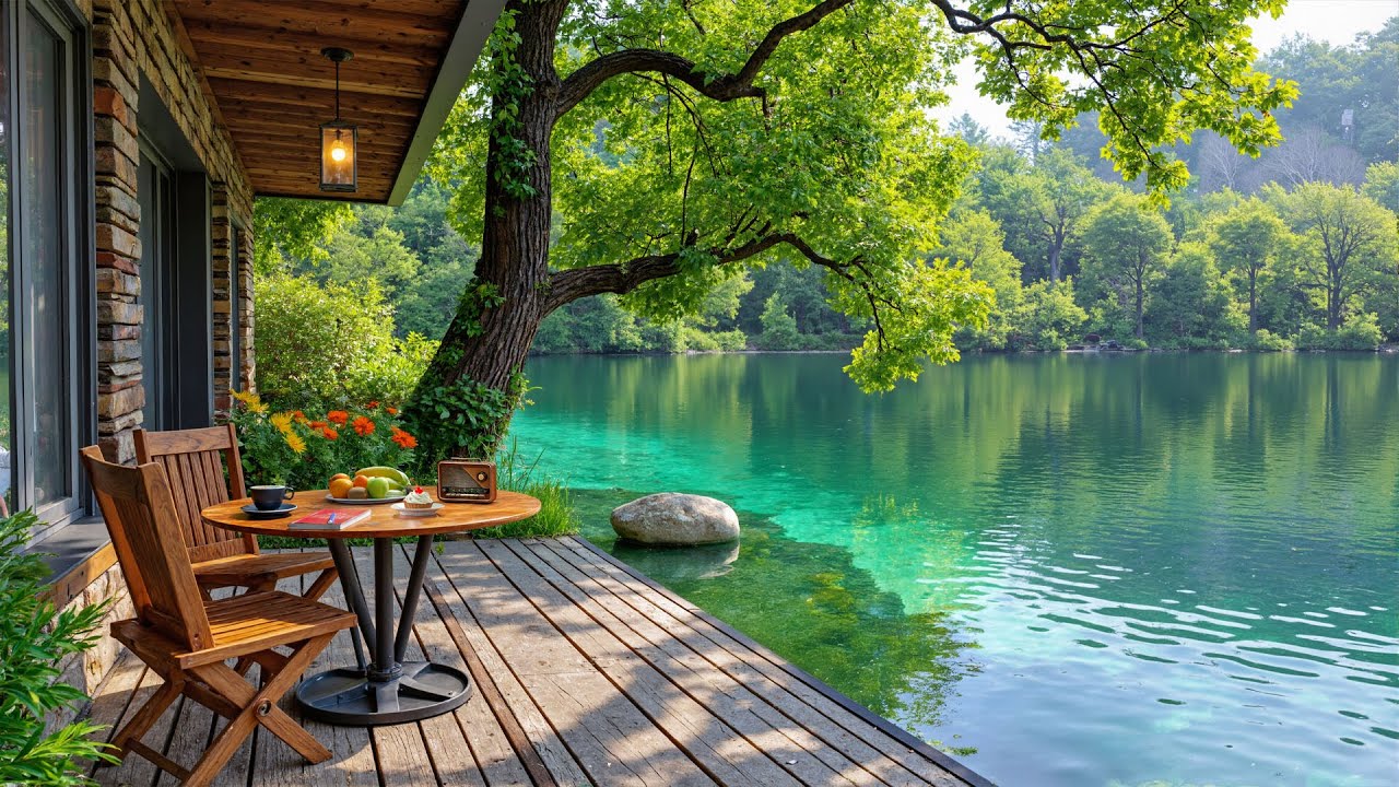 ☕ Jazz Caf&eacute; by the Forest Lake | Forest Cabin Caf&eacute; Ambience with Nature Sounds for Calm Mood, Relax