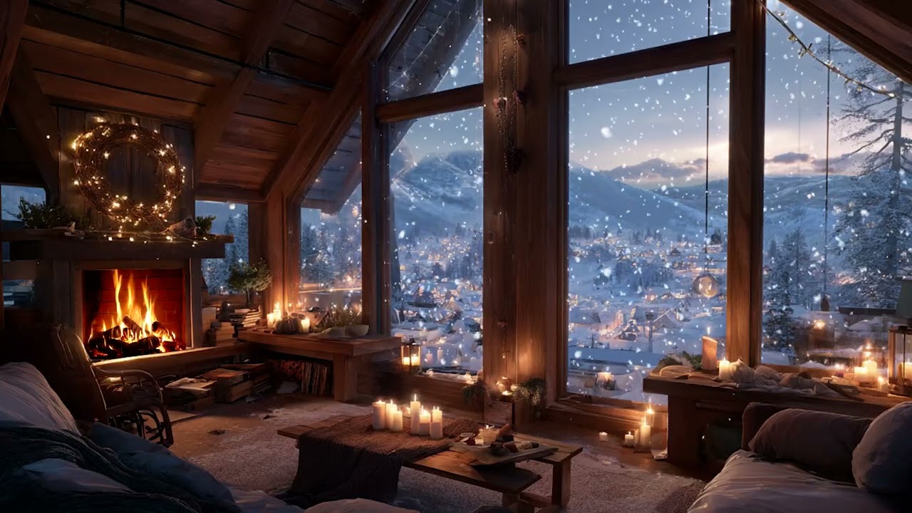 Serene Winter Cabin Piano Night | Fireplace Glow and Soft Snow Sounds