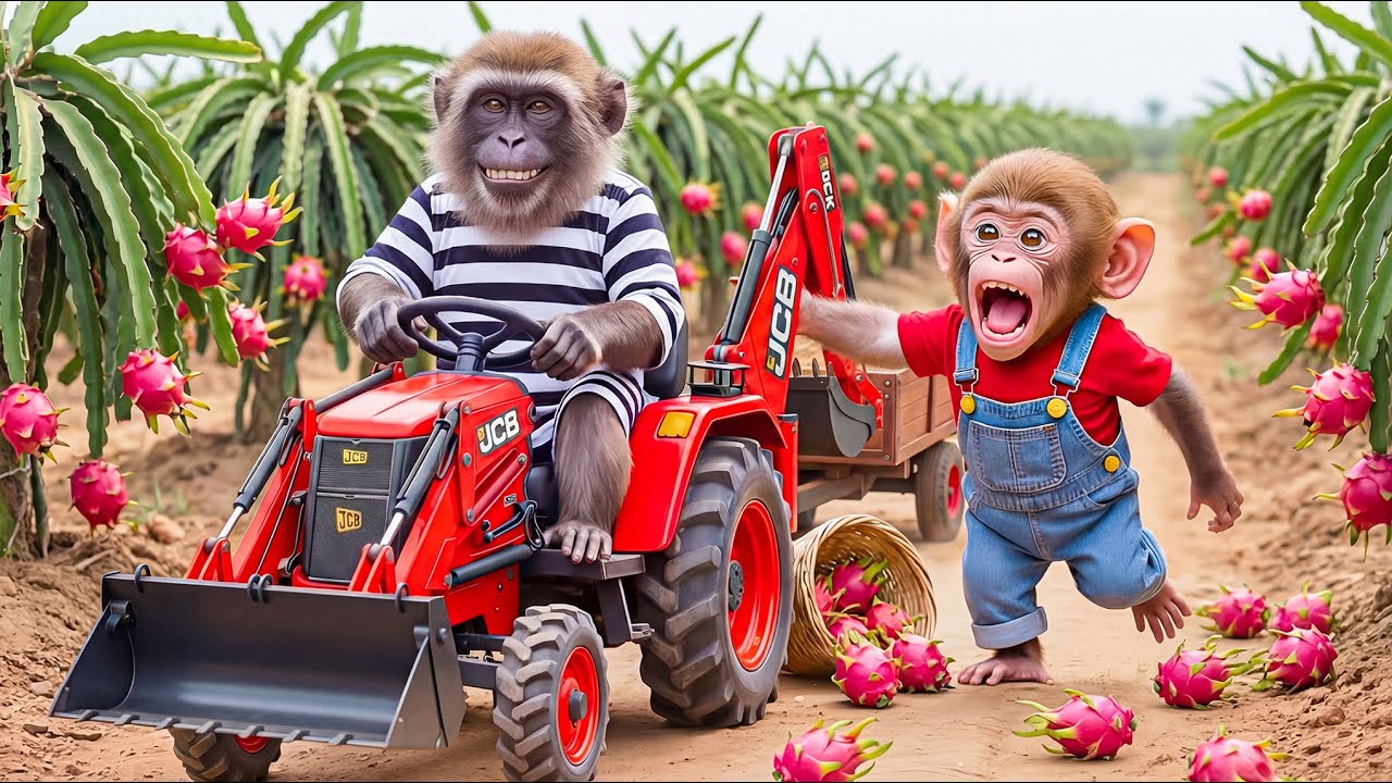 Monkey Nana and Tractor Excavator to Harvest Dragon Fruit and Catch a Sneaky Thief on the Farm! 🐒🚜🐉🍈
