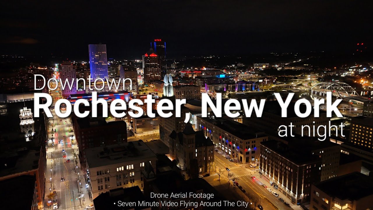Downtown Rochester, New York at Night • Drone Aerial Footage