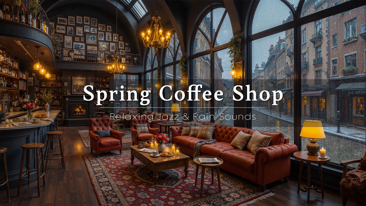 Cozy Spring Jazz in Rainy Coffee Shop Ambience ☕ Relaxing Jazz Piano Music for Stress Relief & Study