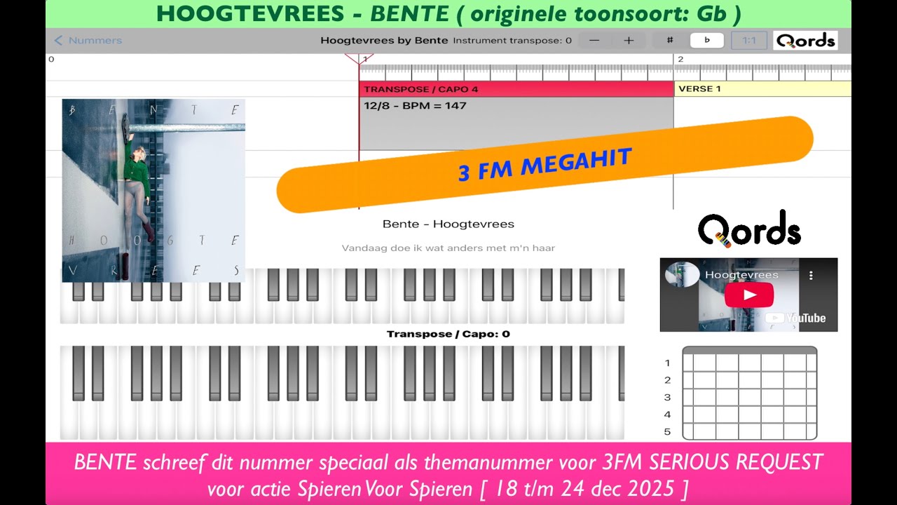 HOOGTEVREES - BENTE [originele toonsoort in Gb] Chords Lyrics #3fm #qords_app #playalongvideo