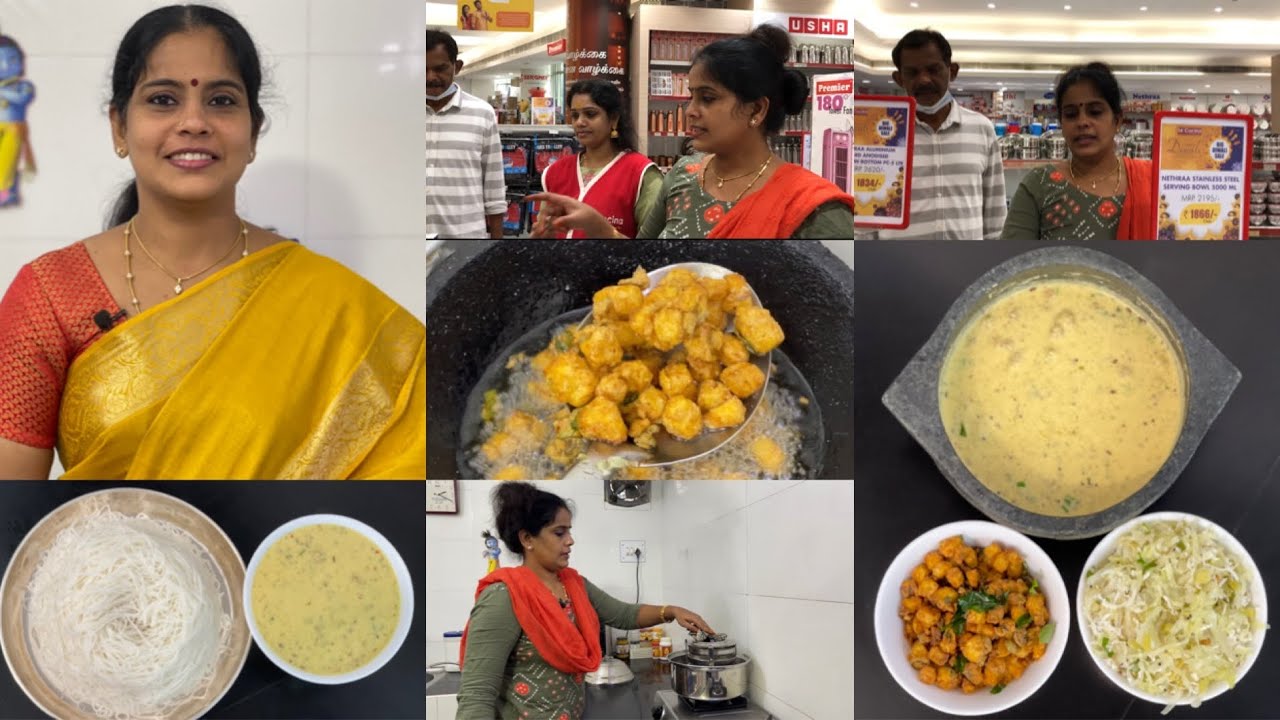 Cooking Vlog | Vazhaikkai Pakoda Moor Kuzhambu | Cabbage Bajji Milagai Curry| Idiyappam