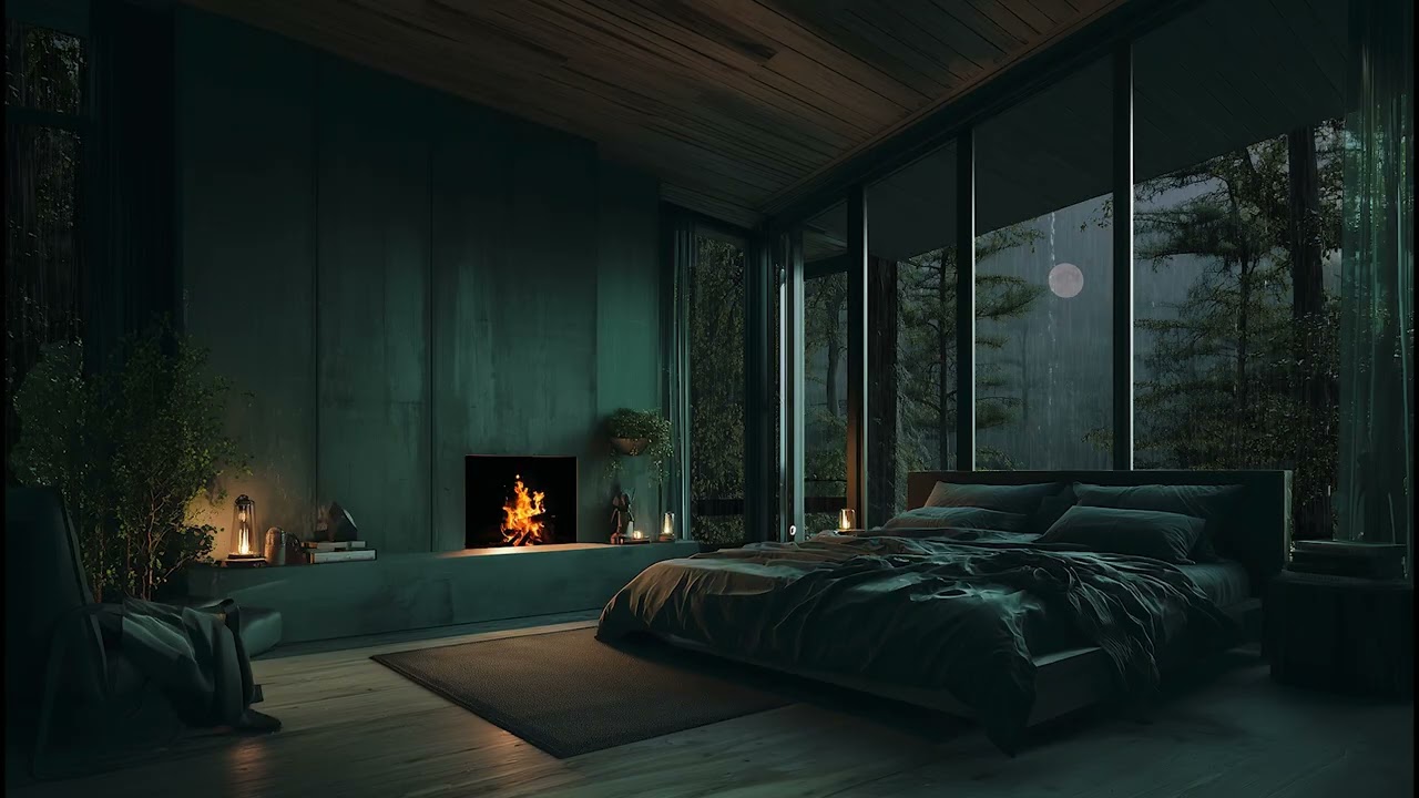 Gentle Rain Sounds in The Dark Forest | Cozy Fireplace Bedroom Ambience for Deep Sleep