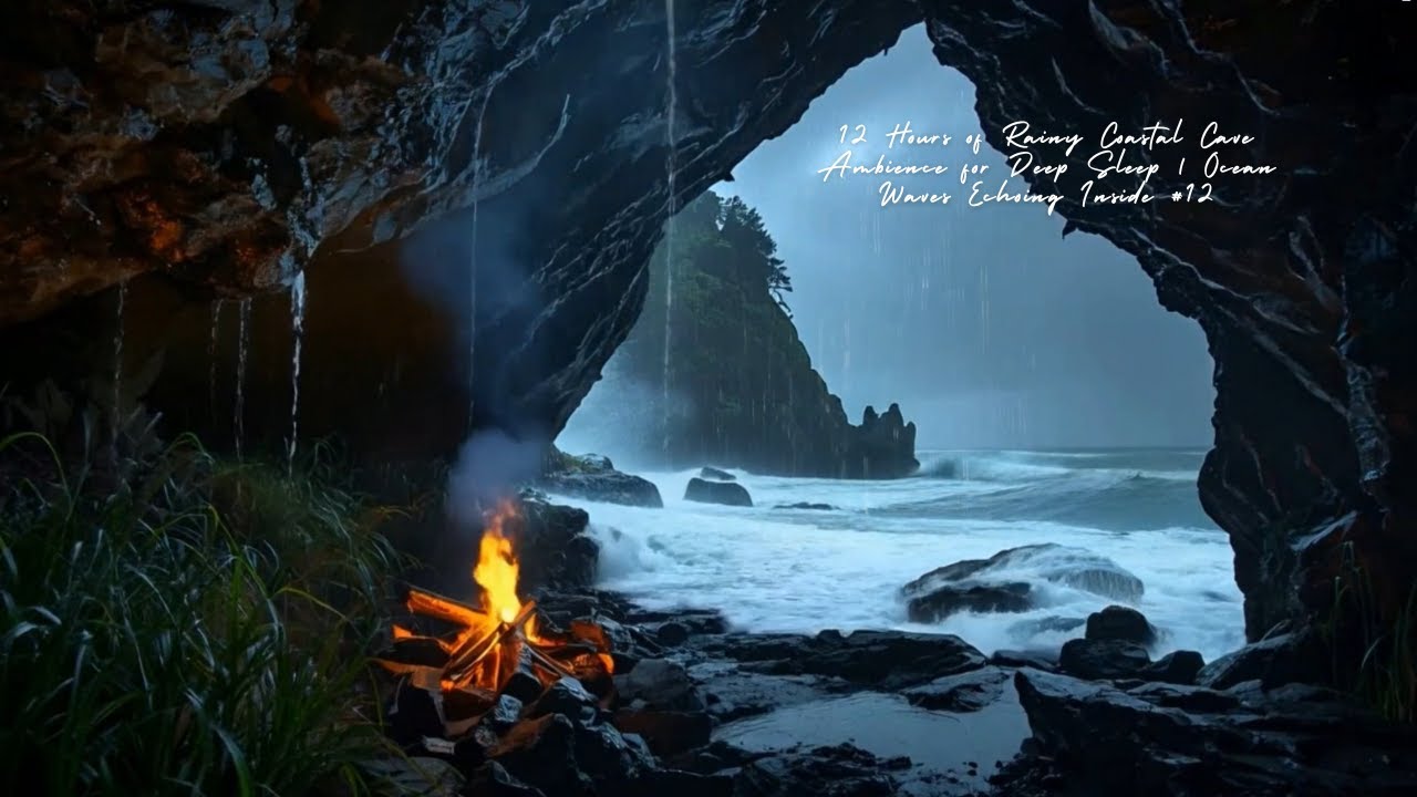 12 Hours of Rainy Coastal Cave Ambience for Deep Sleep | Ocean Waves Echoing Inside #12
