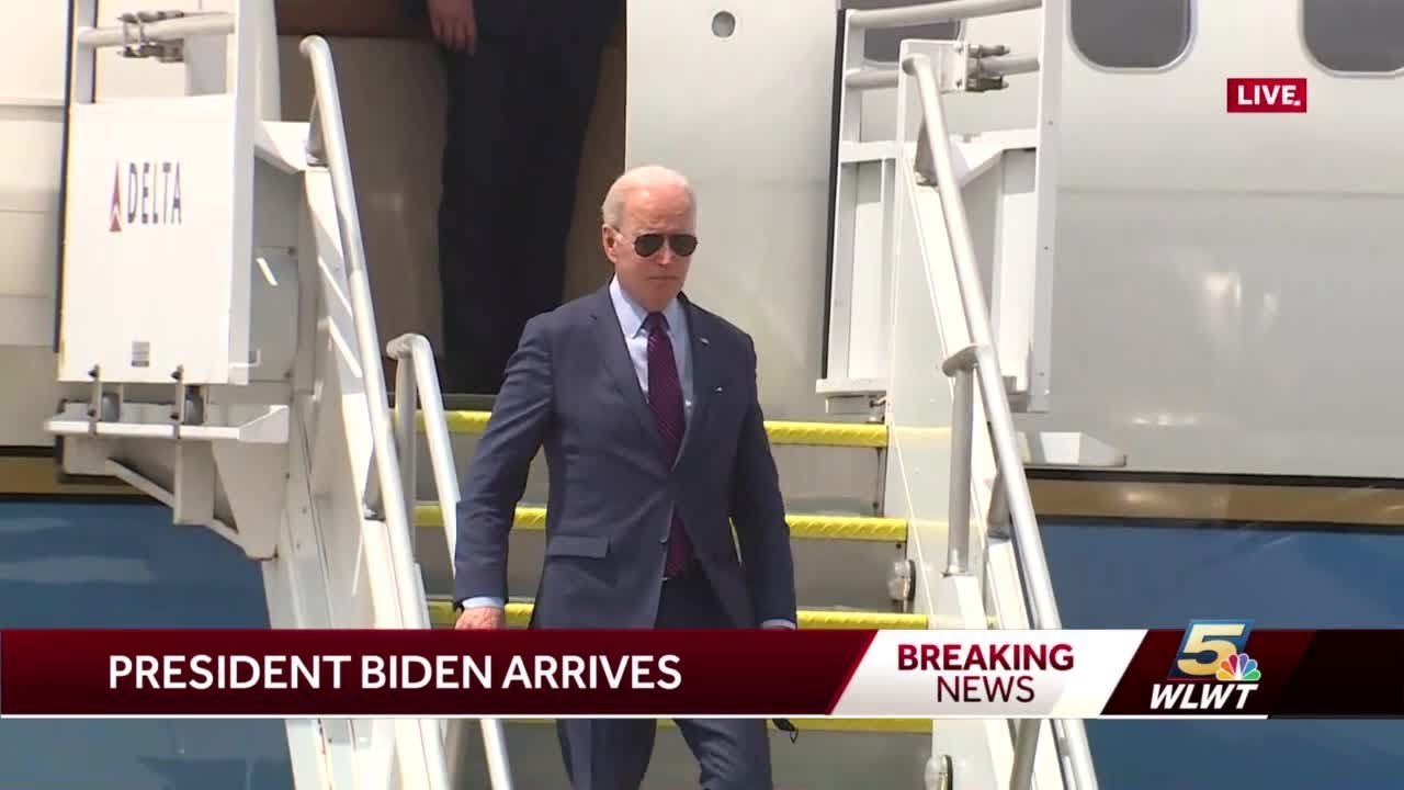 President Joe Biden lands in Cincinnati