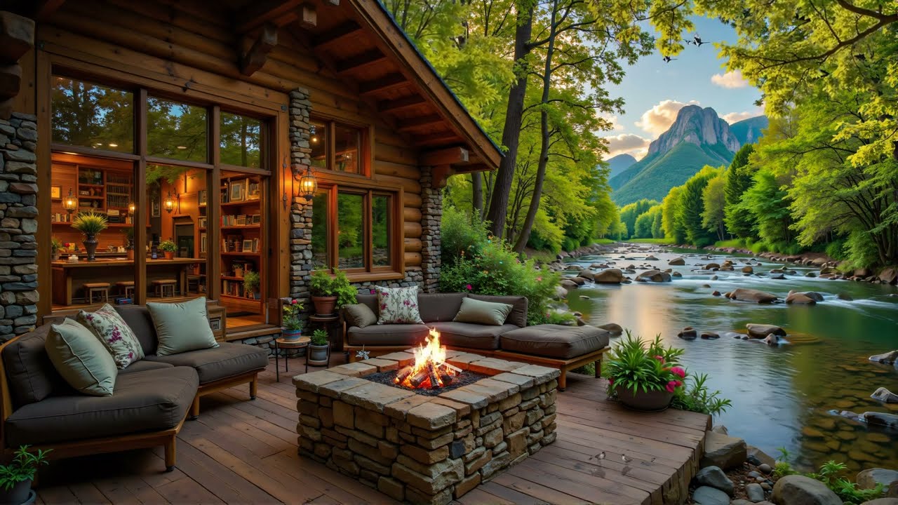 Gentle Piano Music Sounds for Spring Day  🌺 Cozy Lakeside, Crackling Fire & Peaceful