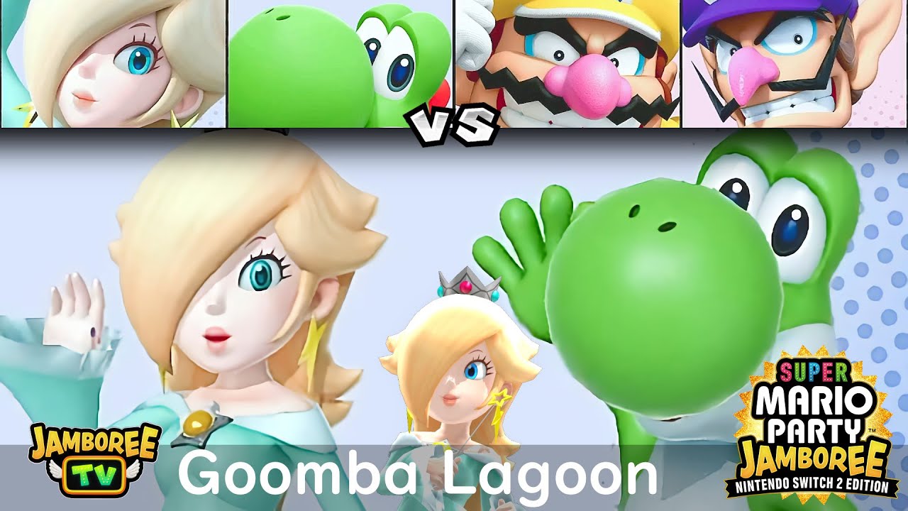 Super Mario Party Jamboree TV Rosalina and Yoshi vs Wario and Waluigi in Goomba Lagoon