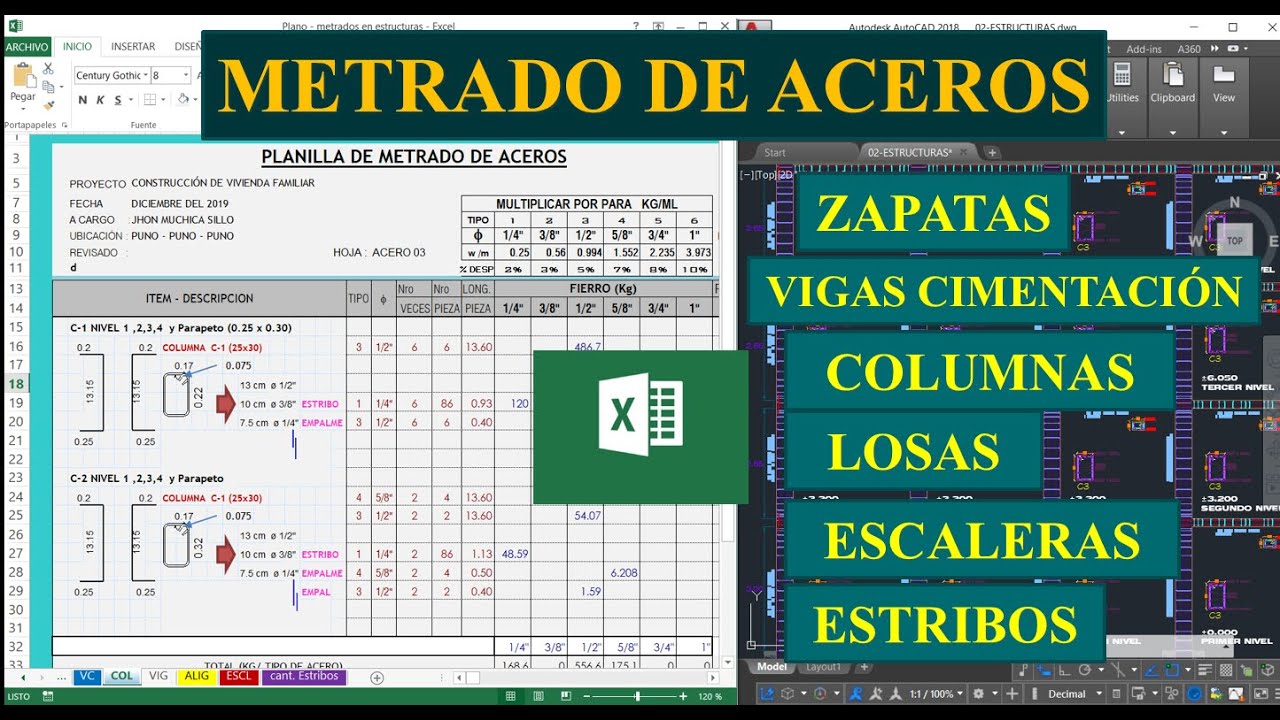 METRADO DE ESTRUCTURAS: aceros (zapatas, vigas, columnas, escaleras y etc.) plantilla excel