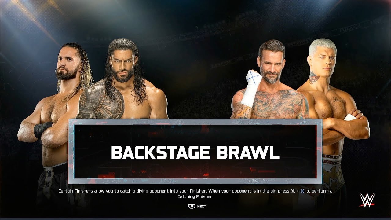 WWE 2K25 Gameplay - Seth Rollins & Roman Reigns vs CM Punk & Cody Rhodes in a BACKSTAGE BRAWL