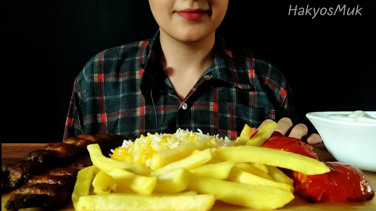 Eating Chicken Kebab Koobideh with Rice, Grilled Tomato & Crispy Potatoes | Relaxing Food ASMR 🍗🔥