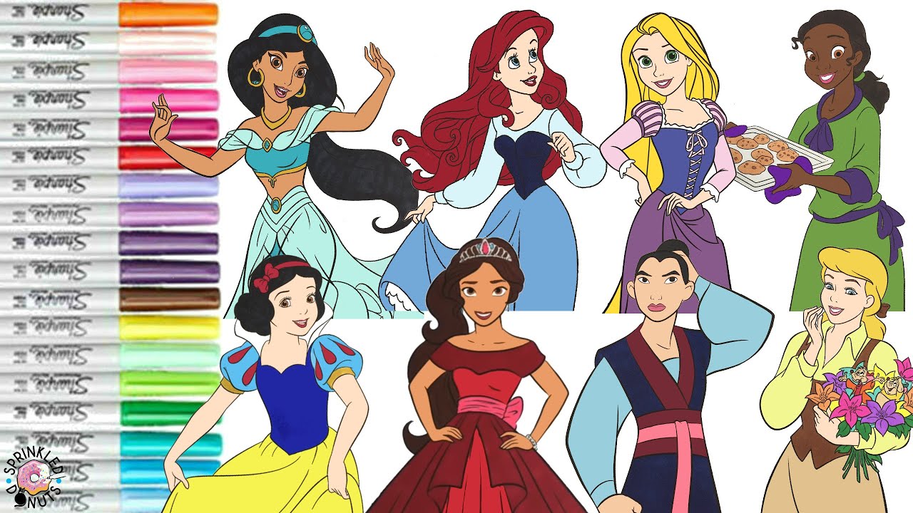 Disney Princess Coloring Book Compilation Rapuznel Jasmine Snow White Ariel Elena Tiana Mulan