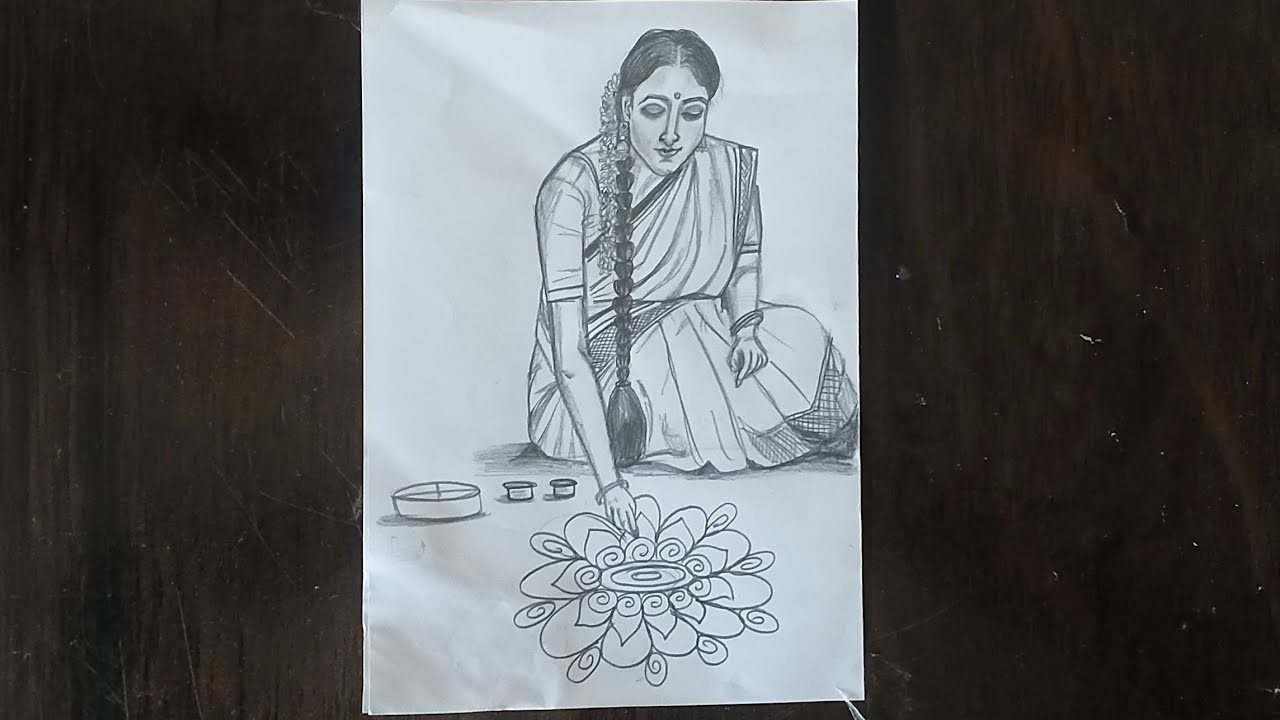 How to draw a girl with rangoli pencil sketch step by step pencil sketch tutorial 