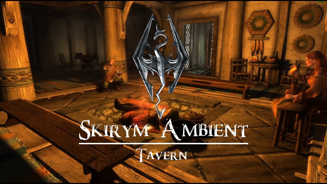 Tavern ambience in Skyrim | Fireplace | No music | Wind | Interior | Relaxing