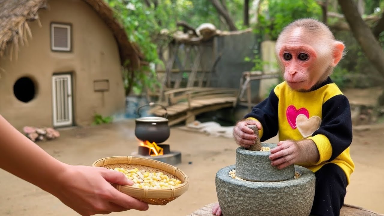 Baby monkey Bili helps dad grind corn to make milk for breakfast | Bili's story
