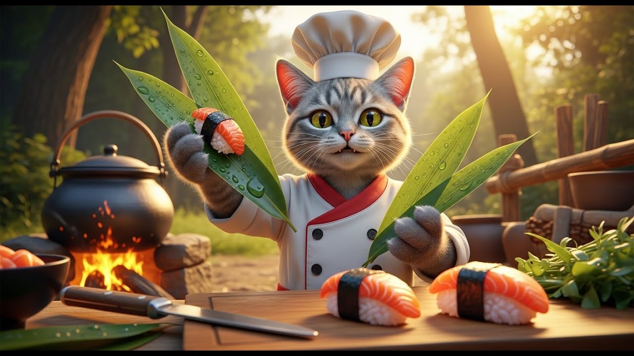 Forest Cat Sushi Rolls  | Village Cat Cooking ASMR
