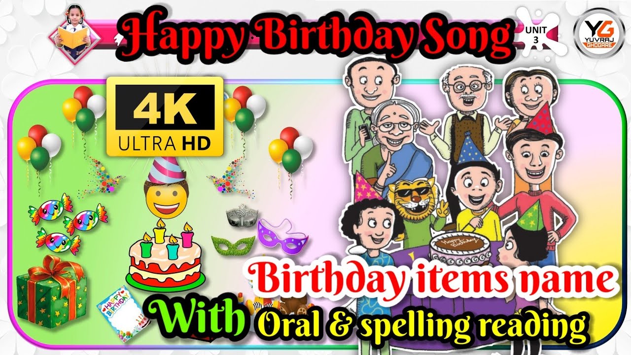 Happy birthday rhyme | learn birthday items name | वाढदिवसाच्या वस्तूंची नावे | Unit 3