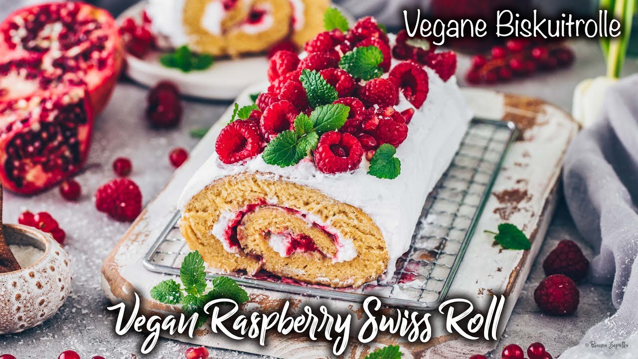 Vegane Biskuitrolle ♡ einfach, gelingsicher, fluffig ♡ Himbeer-Sahne-Kuchenrolle Rezept