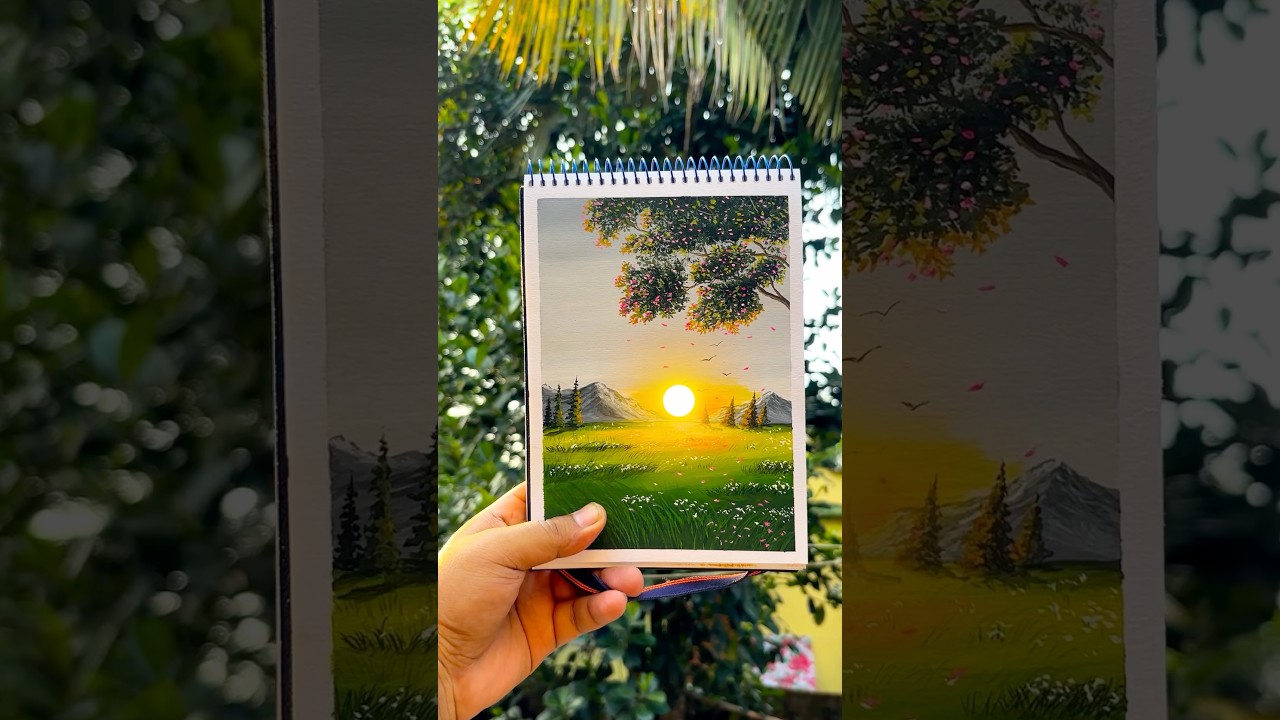Sunset Drawing 🌅 | Beautiful Landscape Art | Easy Drawing for Beginners #art #painting #artist