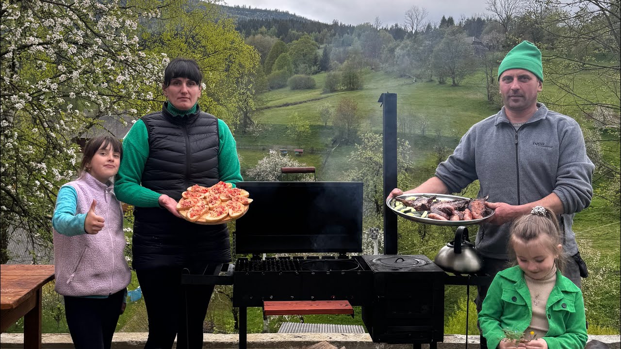 Family Breakfast in the Carpathians | Cooking Homemade Sausage & Steaks Over Fire