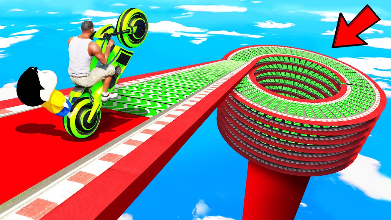 SHINCHAN AND FRANKLIN TRIED THE SPIRAL SPEED BOOSTER ROAD PARKOUR CHALLENGE BY BIKES & CARS IN GTA 5