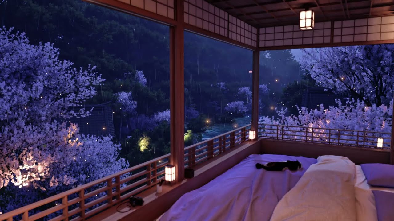 Heavy Rain in a Japanese Cherry Blossom Room at Night 🌧️🌸 | Rain Sounds Ambience