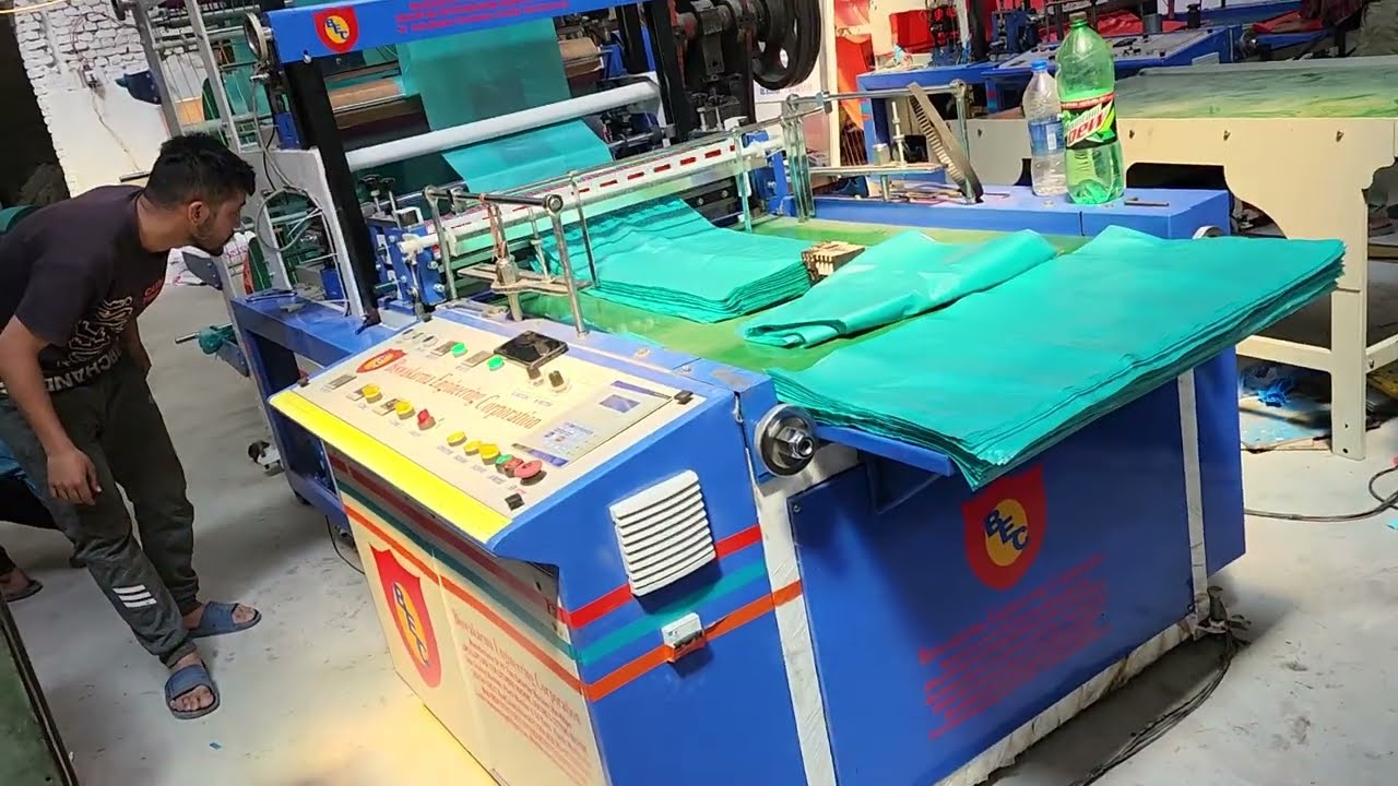BIODEGRADABLE DOUBLE DECKER BOTTOM SEALING CUTTING MACHINE WITH SERVO & CONVEYOR FOR , LD, HM ALSO.