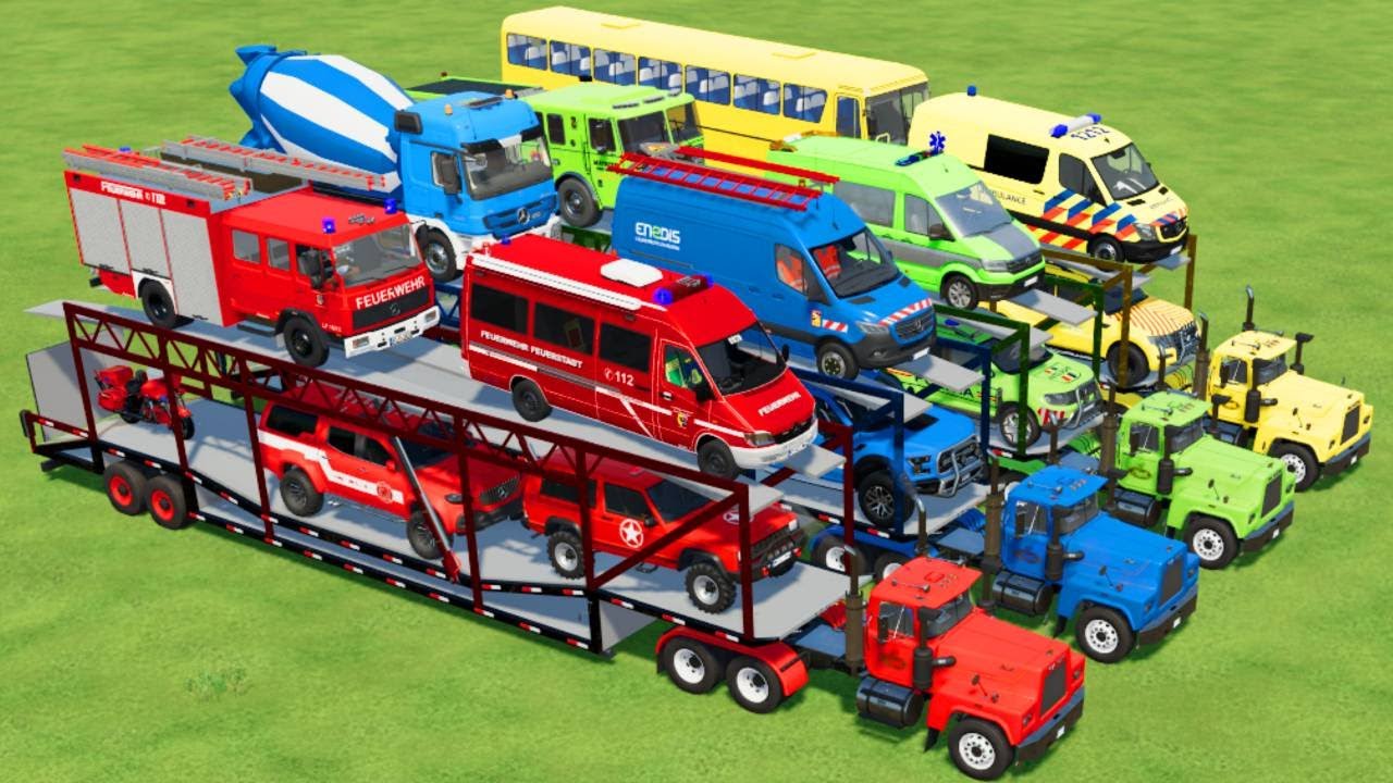 TRANSPORTING ALL POLICE CARS, AMBULANCE, FIRE TRUCK, COLORFUL CARS WITH TRUCK -FARMING SIMULATOR 22!