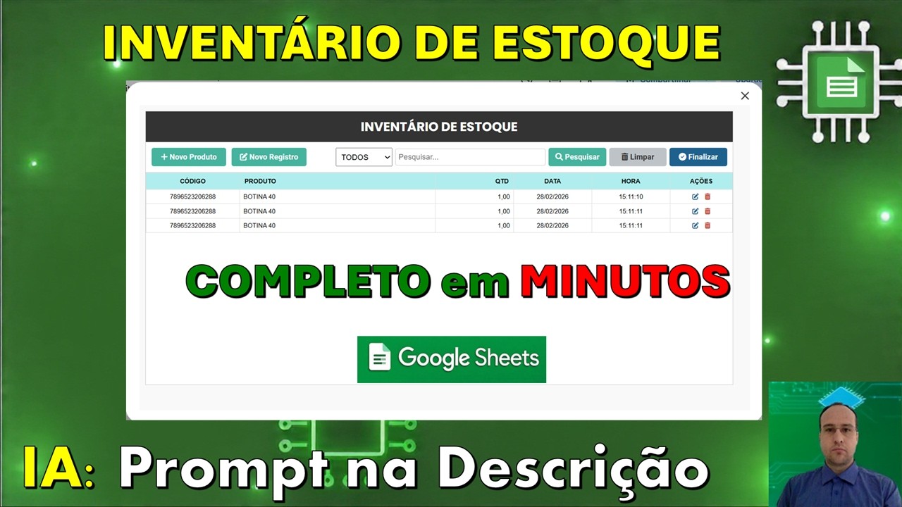 Inventário de Estoque Moderno com Formulário | Google Planilhas | Feito com IA