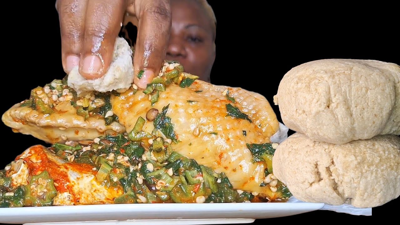 African food mukbang oatmeal fufu and okra soup with Turkey and fish 