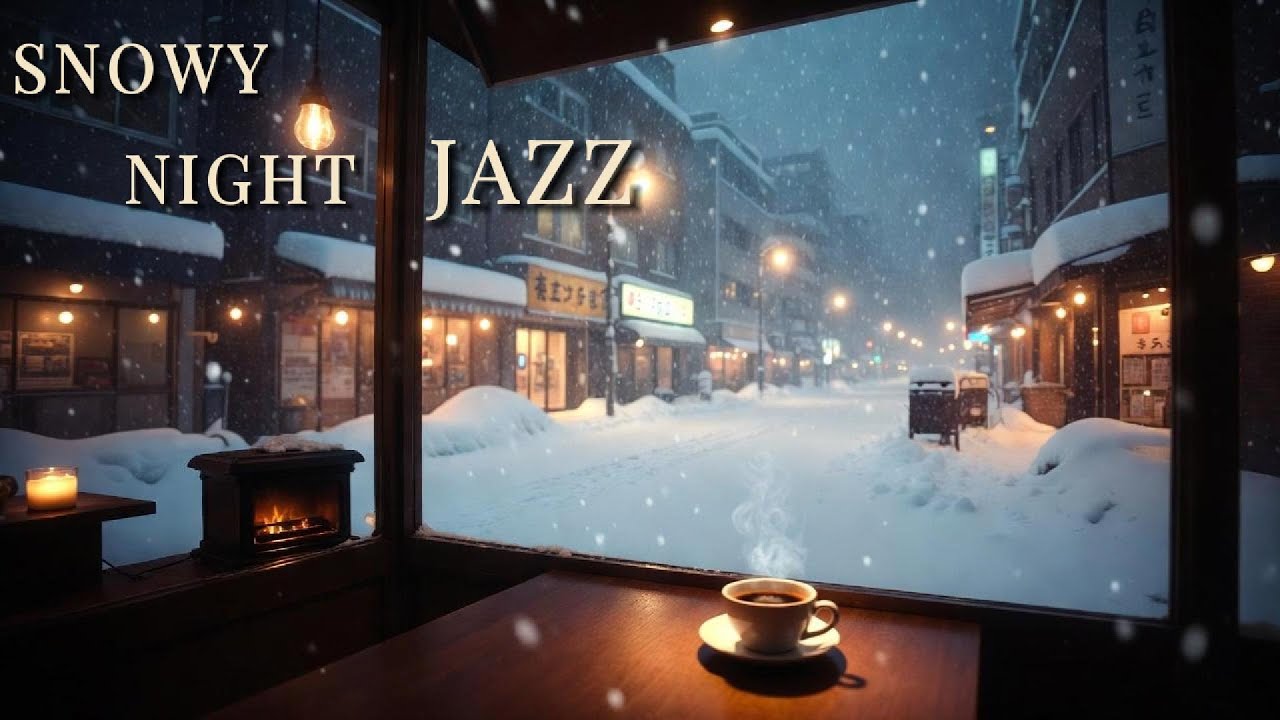 Cozy Snowy Night Jazz ☕ Fireplace Ambience & Relaxing Cafe Music