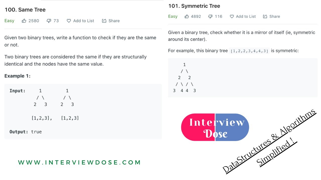 Leetcode 100, 101. Given two binary trees check if they are Same or Symmetric