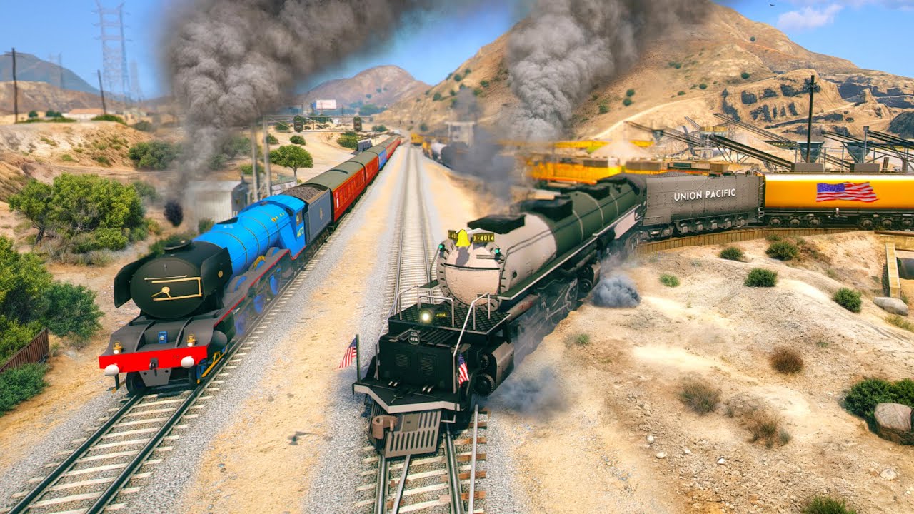 BIG BOY Train driving through Abandoned Railroads with 2 Trains 2 Tracks! - Grand Theft Auto V