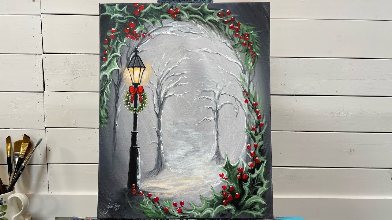 How To Paint LAMPPOST AND HOLLY winter painting tutorial for beginners