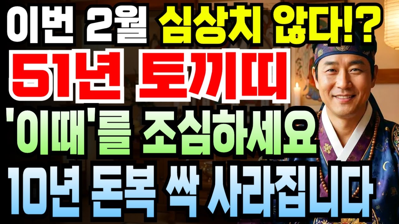 1951년생 신묘년생 토끼띠 75세 2월 운세 2026년 병오년 필수 시청! 천운 받아 조상이 도와 금전 폭발하며 횡재 연속으로 터지고 경사 겹치는 황금 타이밍이랍니다.
