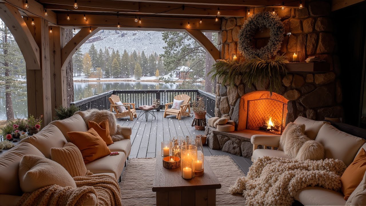 Cozy Winter Morning Ambience ❄️ Crackling Fireplace & Candlelight on a Rustic Porch for Relaxation