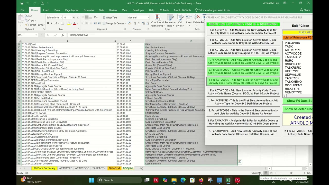 How to Create Activity Code in Primavera P6 from the Bill of Quantities (BOQ) by: Arnold M. Puy